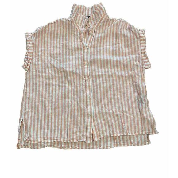 Sanctuary Striped Boxy Top Large Short Sleeve Pink Button Up Shirt Linen Blend - Picture 1 of 6